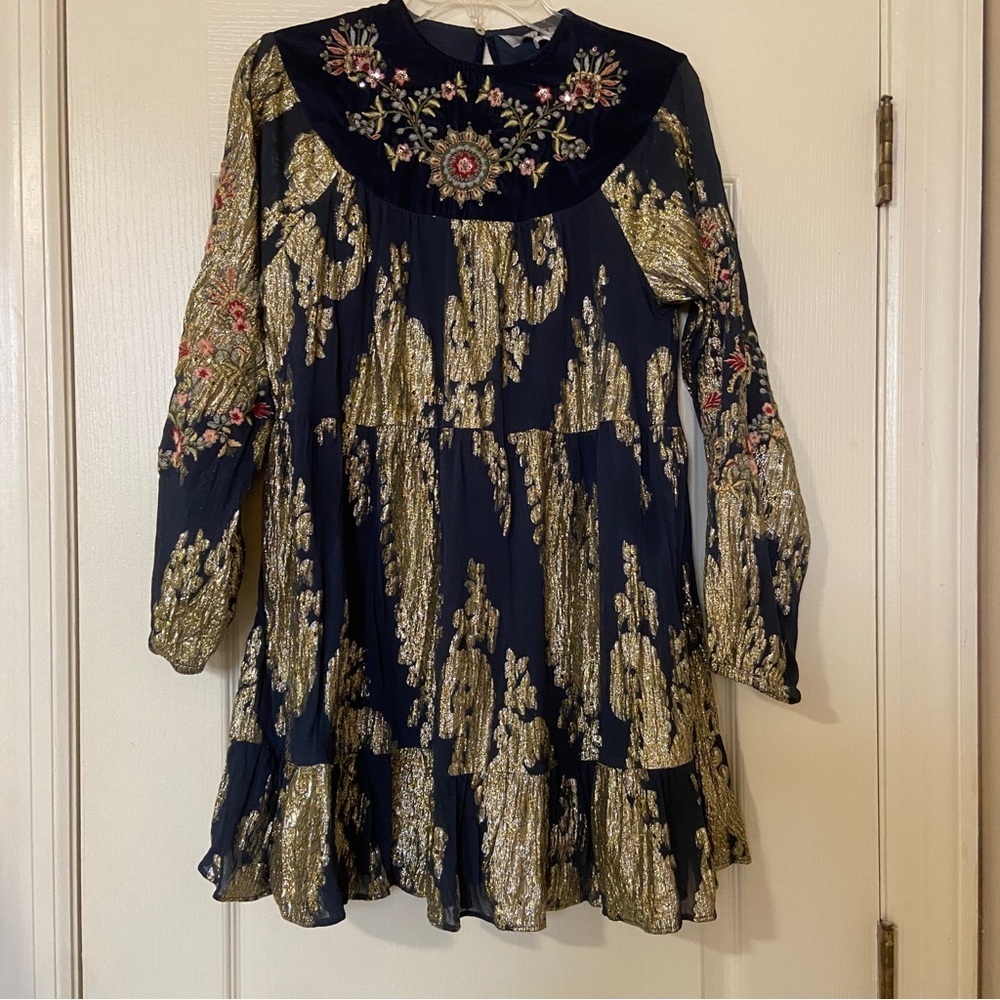 Zara Navy and Gold Embroidered Dress - Picture 2 of 11
